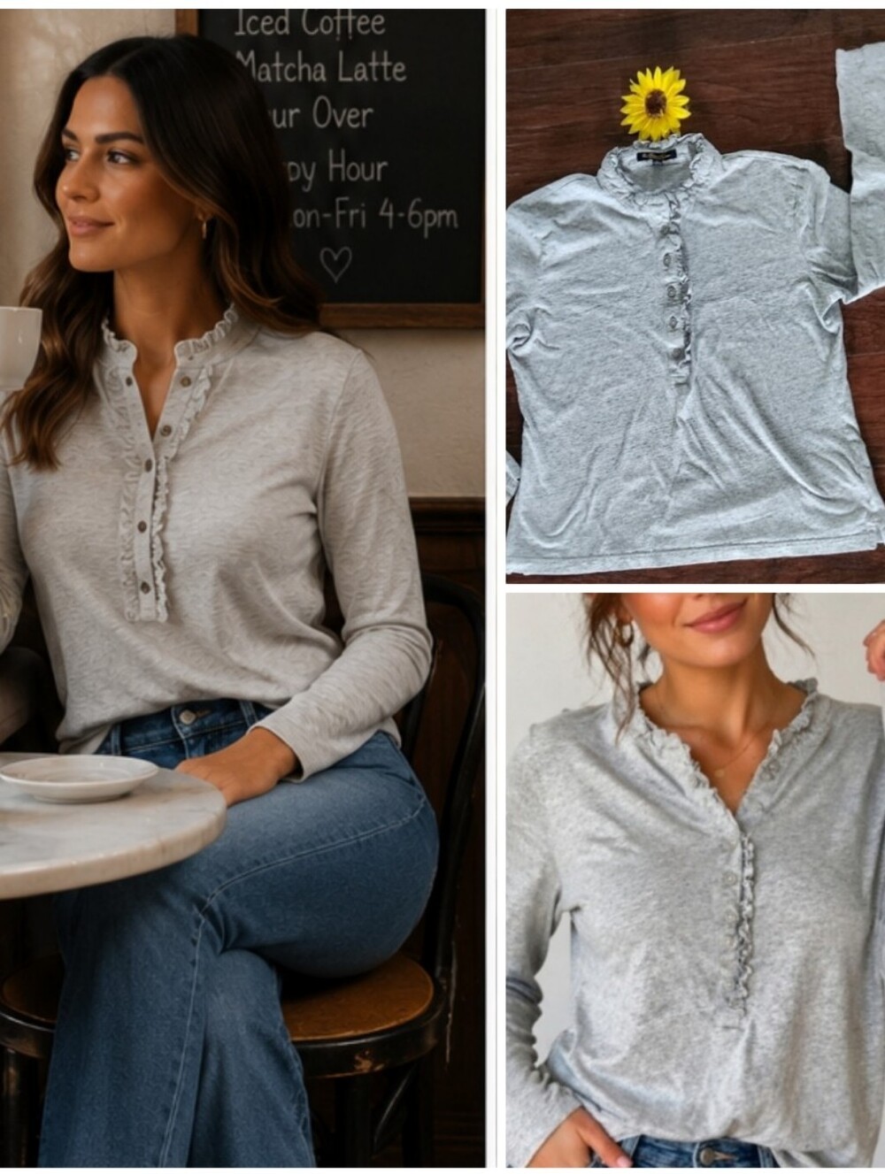 Brooks Brothers Grey Ruffle Trim Henley Top – Soft Classic Fit 🤍